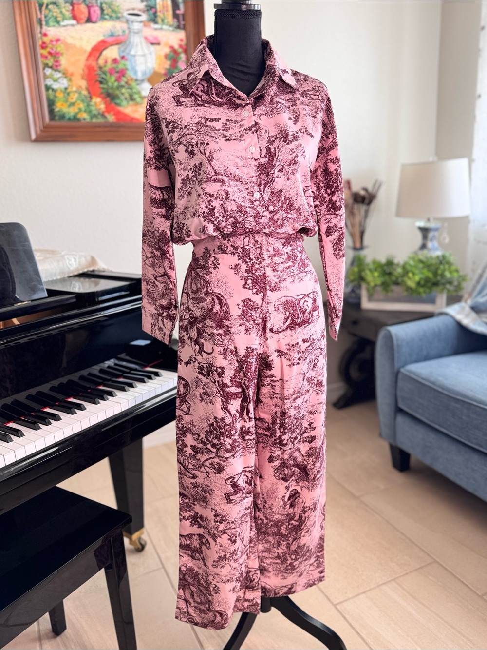 Women's Pink Toile Wide-Leg Jumpsuit - Picture 6 of 13